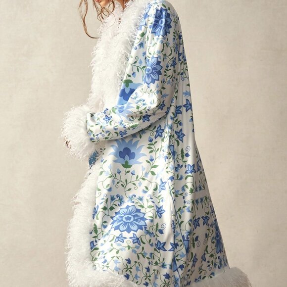 Boho Blues Women's Floral Print faux fur Fringe Trim Jacket - Picture 7 of 9